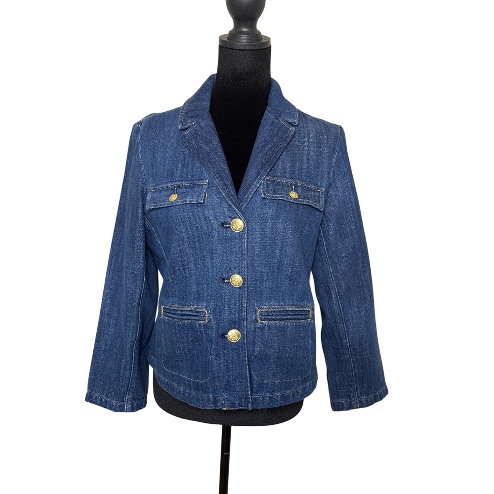 J.Crew Denim Blazer Resin Wash Gold Crest Button Jacket Size 2